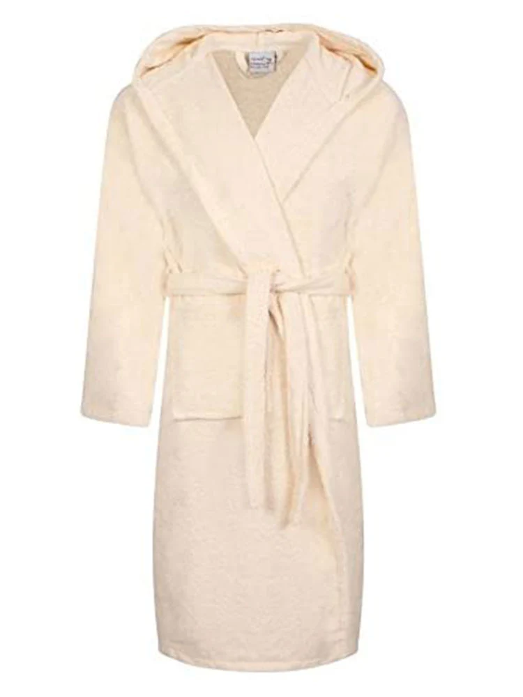 Unisex 100% Egyptian Cotton Bathrobe Terry Towelling Hooded Dressing Gown (Cream)