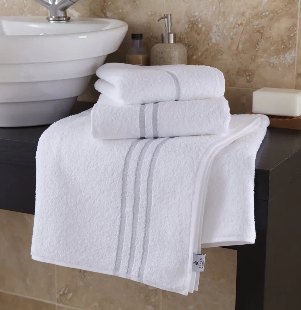 [39329927594054] 100% Cotton White Leisure Towels Grey Bars (Bath Sheet Three Grey Header Bars 400 gsm 90 x 150cm 35 x 59" - Pack of 5)
