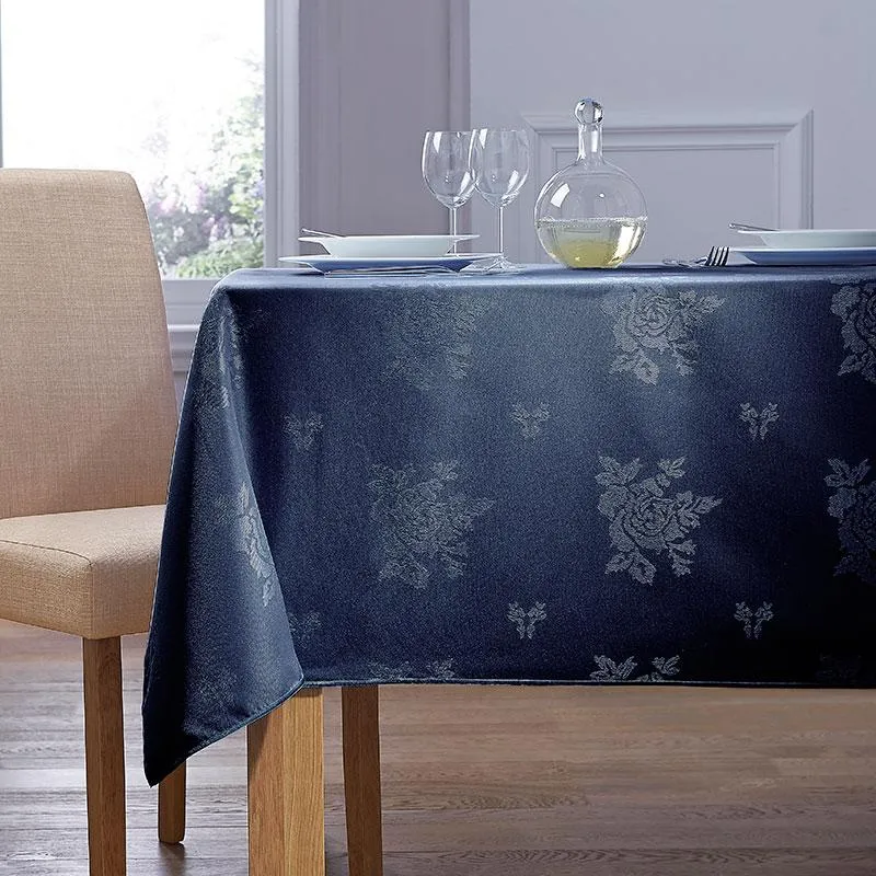 Navy Damask Rose Table Cloth 100% Polyester
