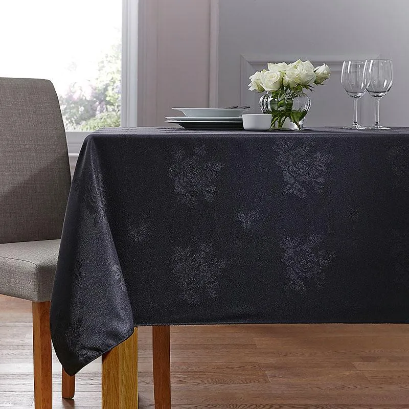 [39329913110598] Black Damask Rose Table Cloth 100% Polyester (Black / 108" Circular (274cm) - Pack of 3)