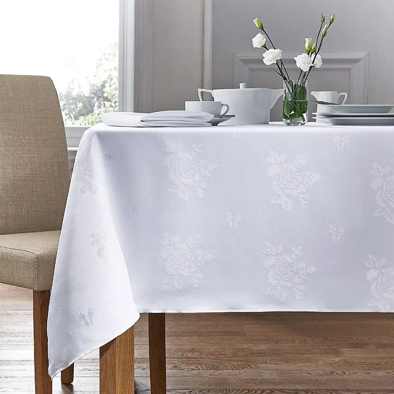 White Damask Rose Table Cloth 100% Polyester